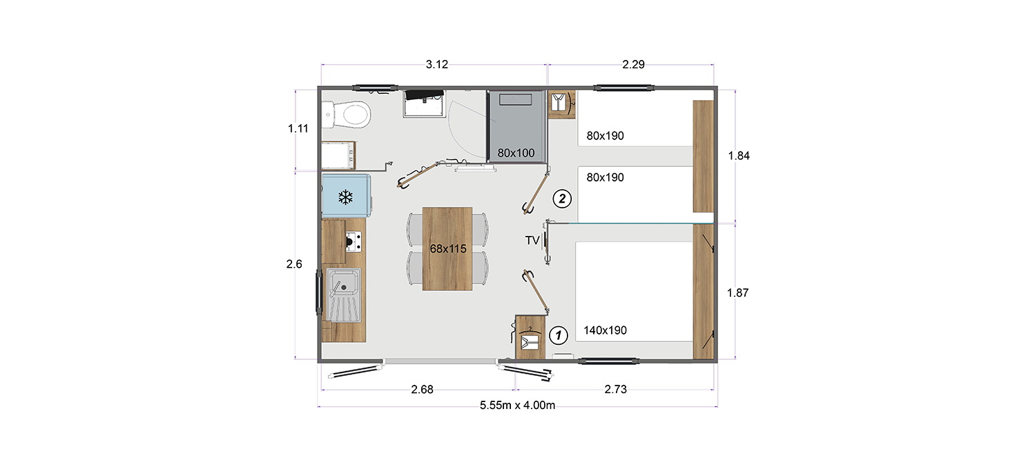 Plan détaillé mobil home Bidart Pays Basque Camping Le Ruisseau